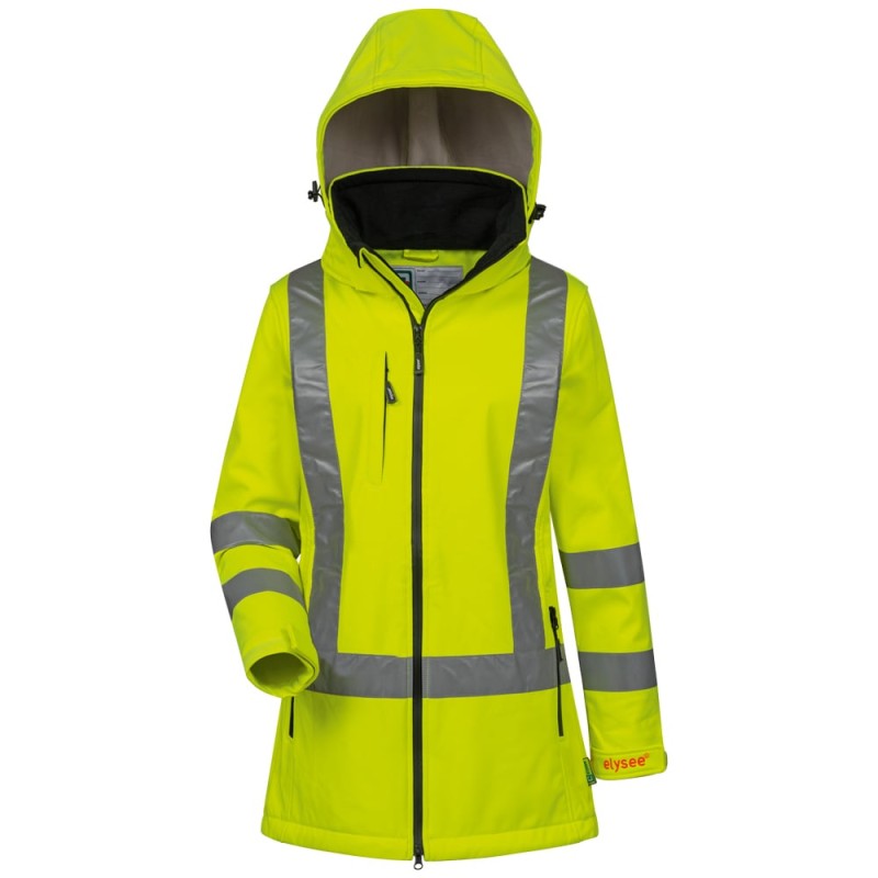 1 Stück ELYSEE Damen Warnschutz-Softshelljacke, EN ISO 20471/3, Gelb, wind- und wasserabweisend, atmungsaktiv