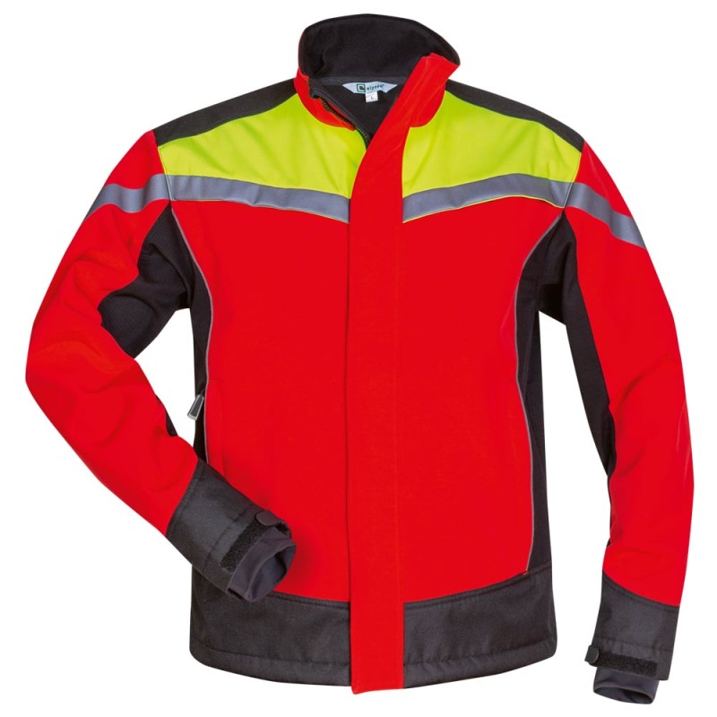 1 Stück Elysee Softshell-Jacke für Waldarbeiter aus strapazierfähigem Material in Rot, Gelb und Schwarz