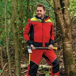 1 Stück Elysee Softshell-Jacke für Waldarbeiter aus strapazierfähigem Material in Rot, Gelb und Schwarz