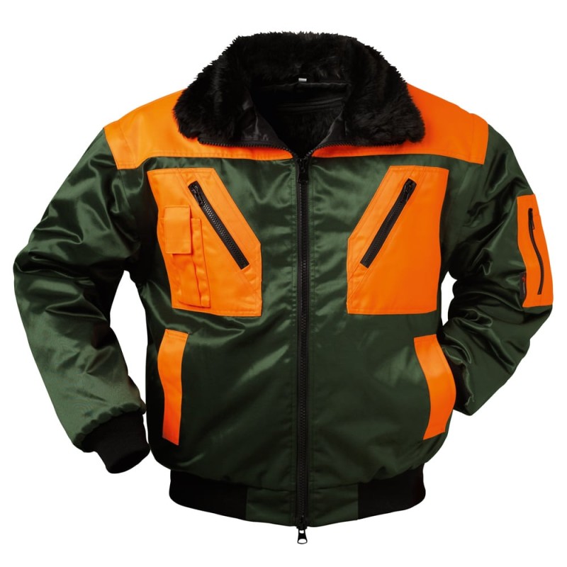 1 Stück NORWAY® Waldarbeiter Pilotjacke aus strapazierfähigem Material in Forstgrün mit orangefarbenen Akzenten