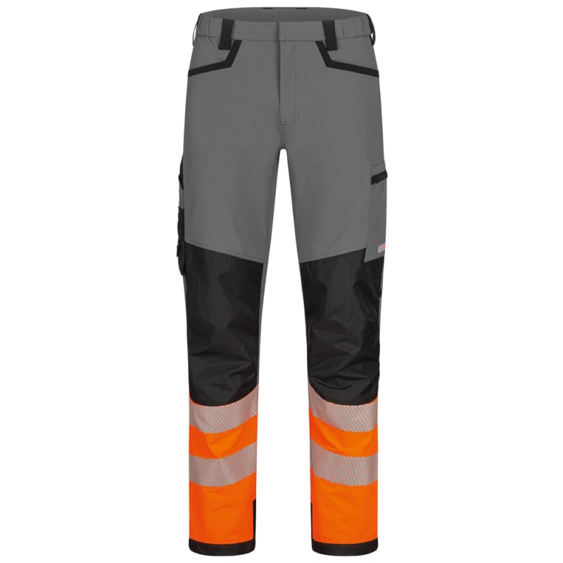 1 Paar ELYSEE Warnschutz Stretch-Bundhose aus grauem, schwarzem und orangefarbenem Material EN ISO 20471