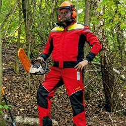 1 Stück ELYSEE Schnitzschutzlatzhose EN ISO 11393-2, rot/schwarz/gelb, Grösse Form A, für optimalen Schutz