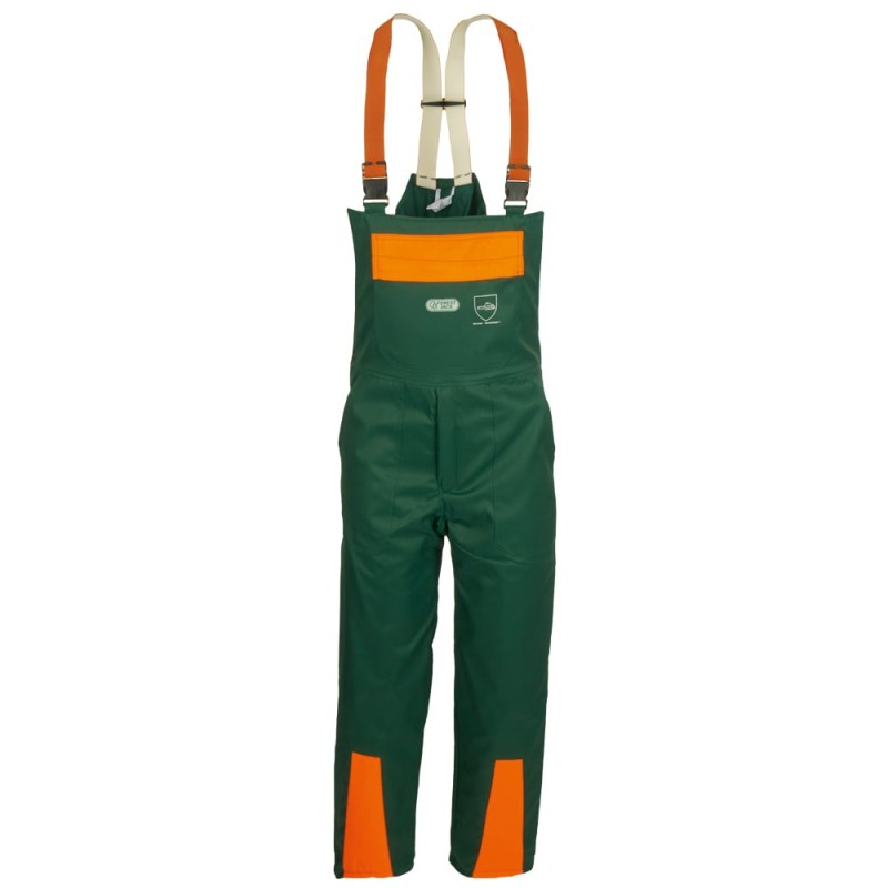 1 Stück Forest Jack Schnittschutzlatzhose aus strapazierfähigem Material in Grün/Orange für optimale Sicherheit