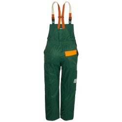 1 Stück Forest Jack Schnittschutzlatzhose aus strapazierfähigem Material in Grün/Orange für optimale Sicherheit