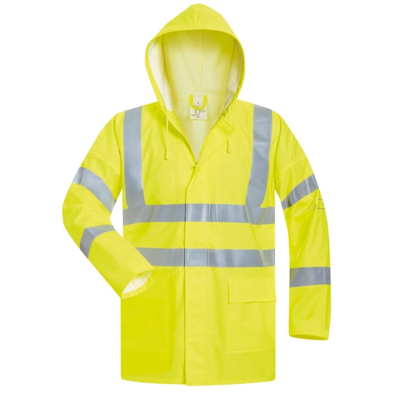 1 Stück Reinhard Multinorm Regenjacke aus PU in Gelb, EN ISO 20471/3, EN 343, EN ISO 14116, EN 1149-