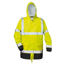 1 Stück Manfred Warnschutz Regenjacke, PU-beschichtet, gelb/schwarz, EN ISO 20471 Kl 3, EN 343 Kl 4/1/X