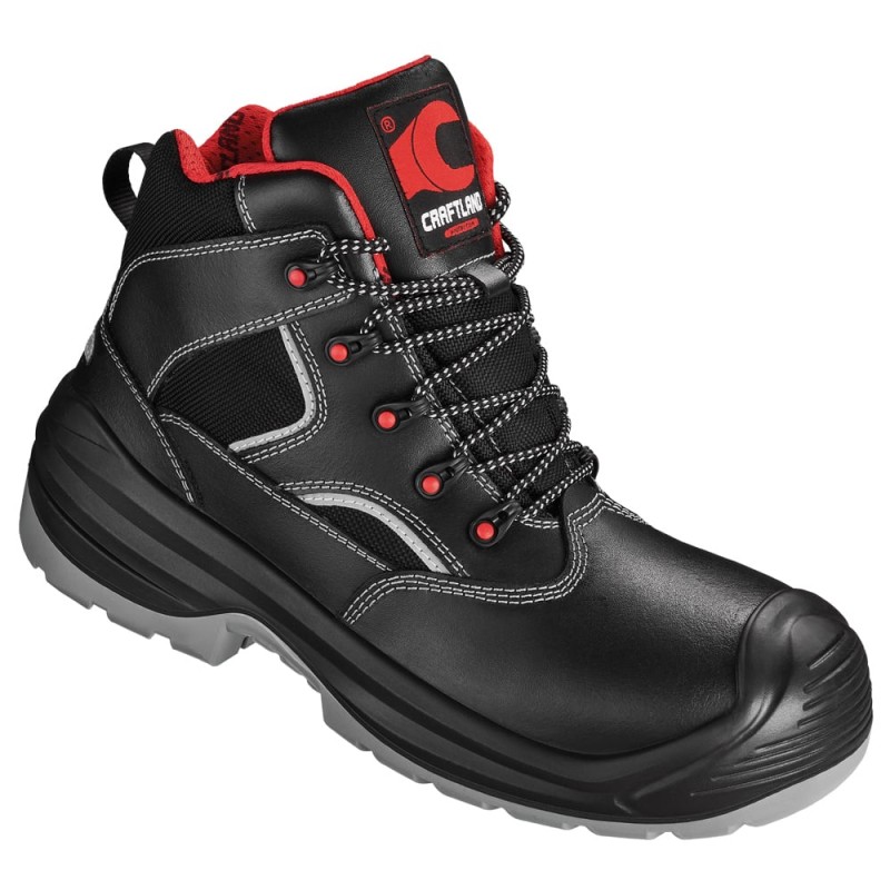 1 Paar CRAFTLAND Schnürstiefel aus Leder in Schwarz/Rot, EN ISO 20345:2011 S3 SRC zertifiziert