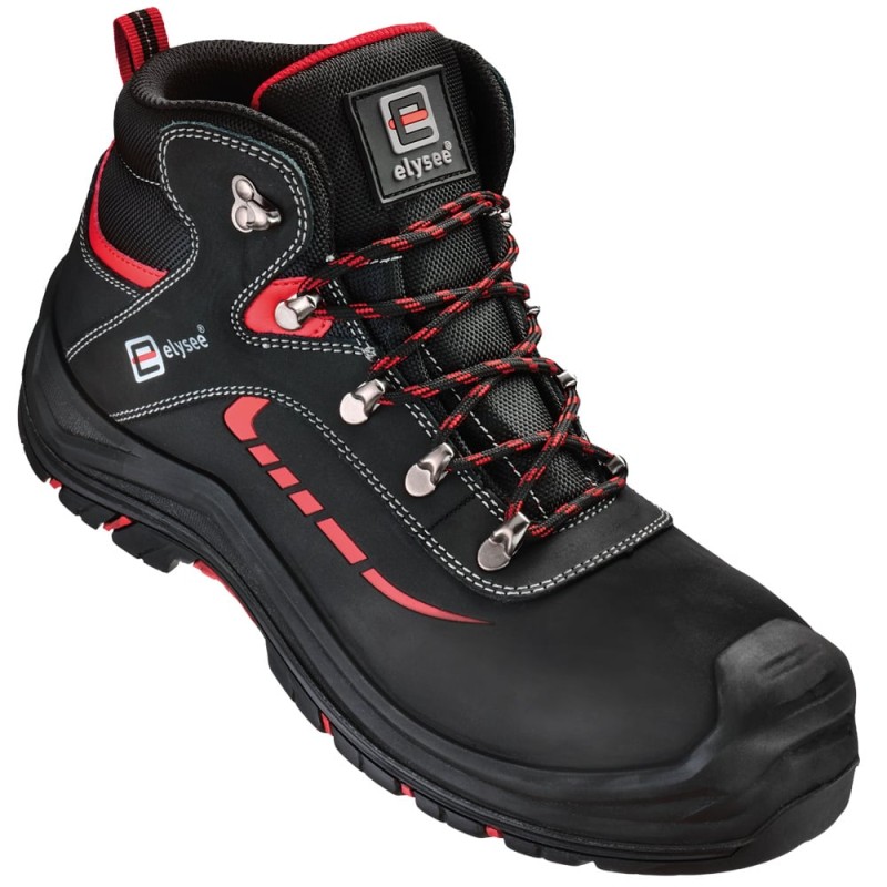 1 Paar ELYSEE Schnürstiefel EN ISO 20345 S3 HRO SR FO aus Schwarz/Rotem Leder