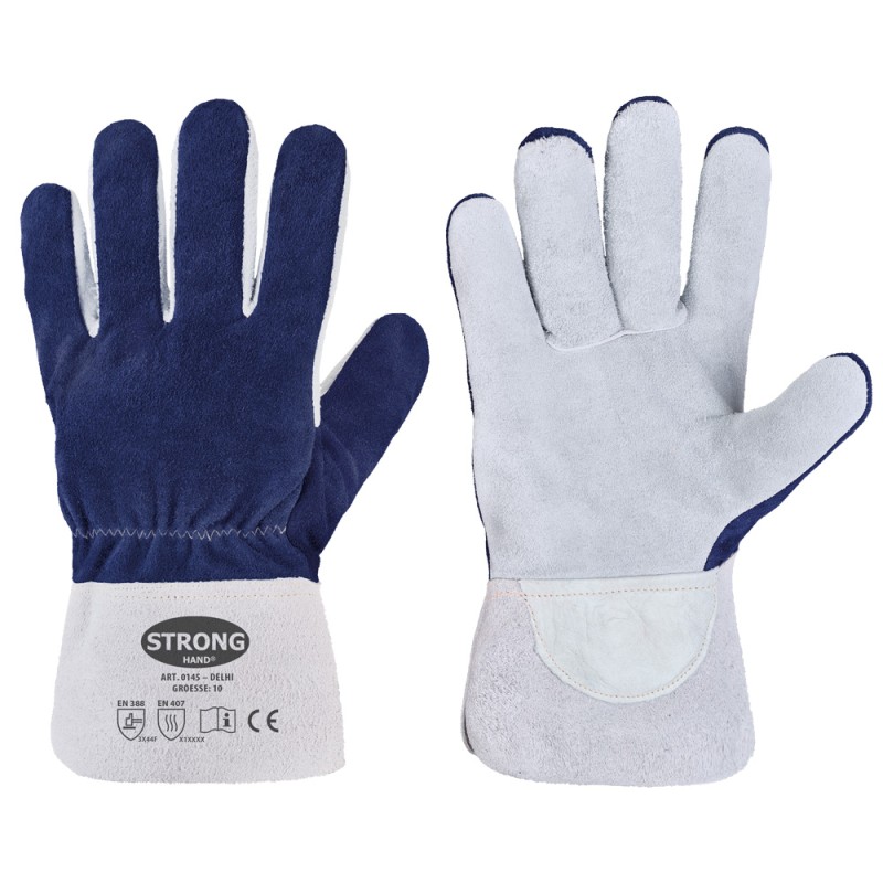 60 Paar DELHI STRONGHAND® Schnitthandschuhe aus Rind-Vollleder in Blau/Natur, Schutzlevel F, CAT 2