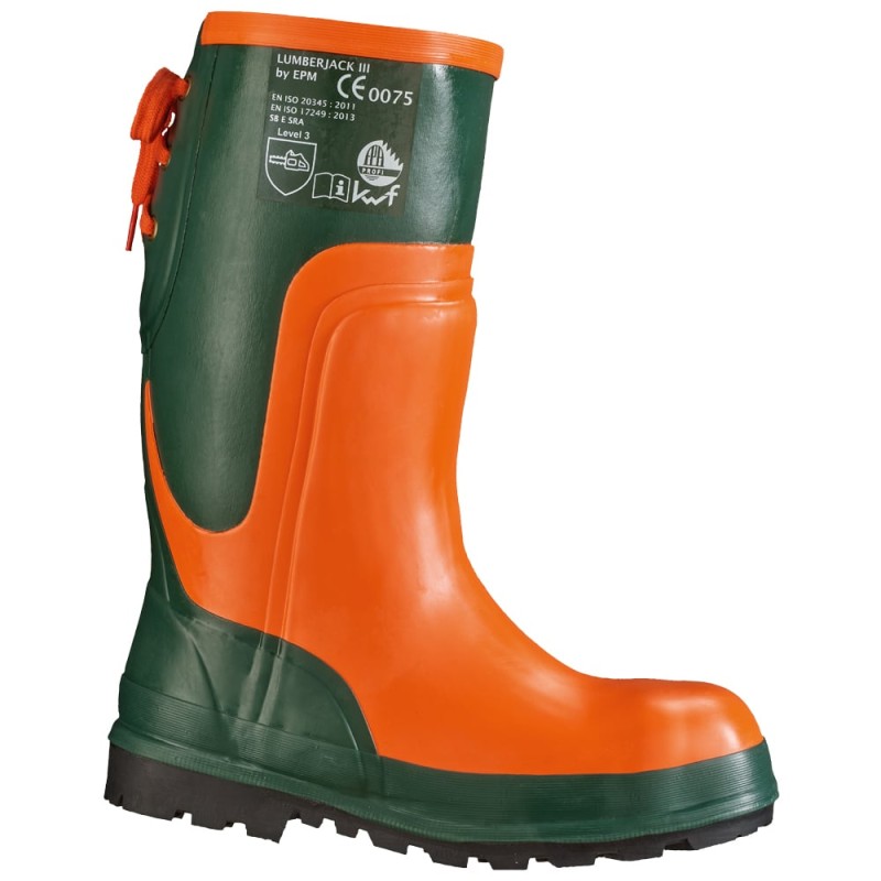 1 Paar ULME Waldarbeiterstiefel EN ISO 20345 SB E, EN ISO 17249 KL3, orange/grün, rutschfeste Sohle