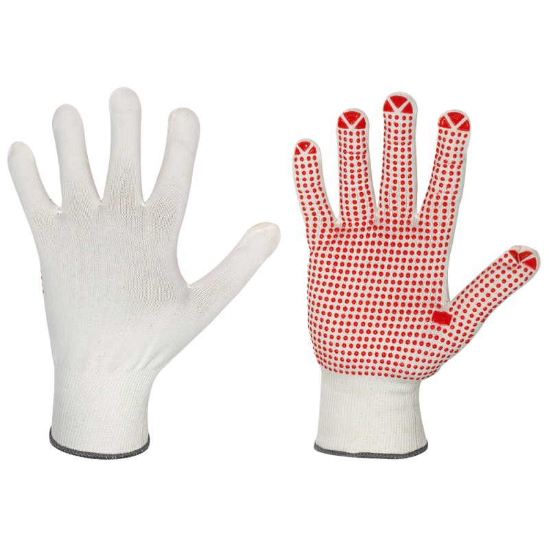240 Paar NINGBO STRONGHAND® Handschuhe aus Polyamid und Baumwolle mit Vinyl-Noppen, weiss/rot, Kat 2