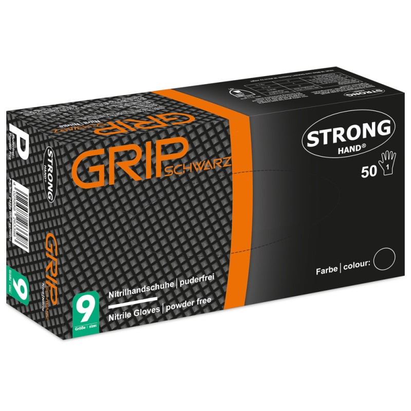 10 Box Stronghand Nitril Handschuhe schwarz puderfrei mit Diamantmuster, EN ISO 374, Kat 3