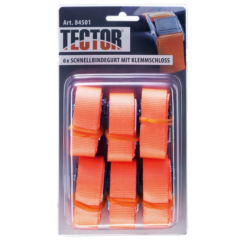 1 Set TECTOR Klemmschloss-Zurrgurt-Set, 60 cm x 25 mm, 250 daN, orange