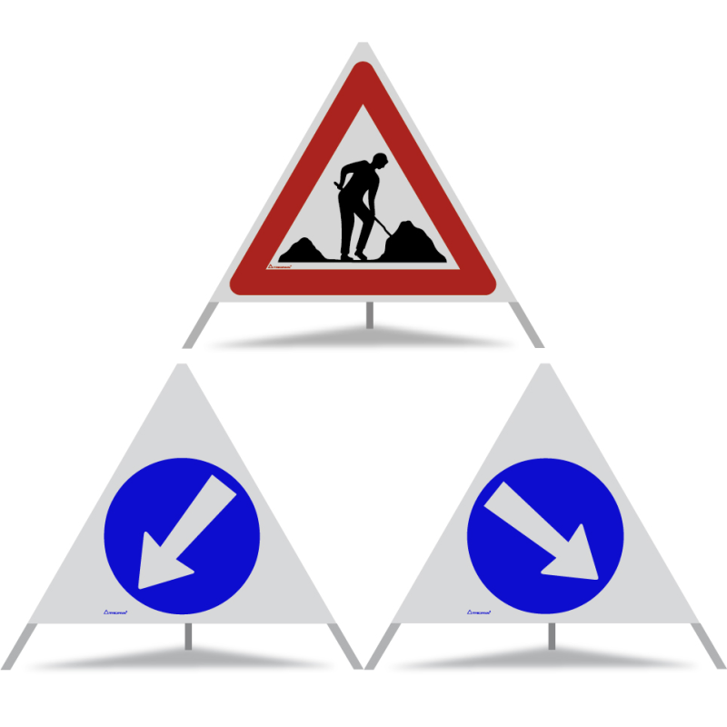 TRIOPAN Faltsignal 90 R2 Retro-reflektierend Kombi mit Etui (Baustelle - Links umfahren - Rechts umfahren)