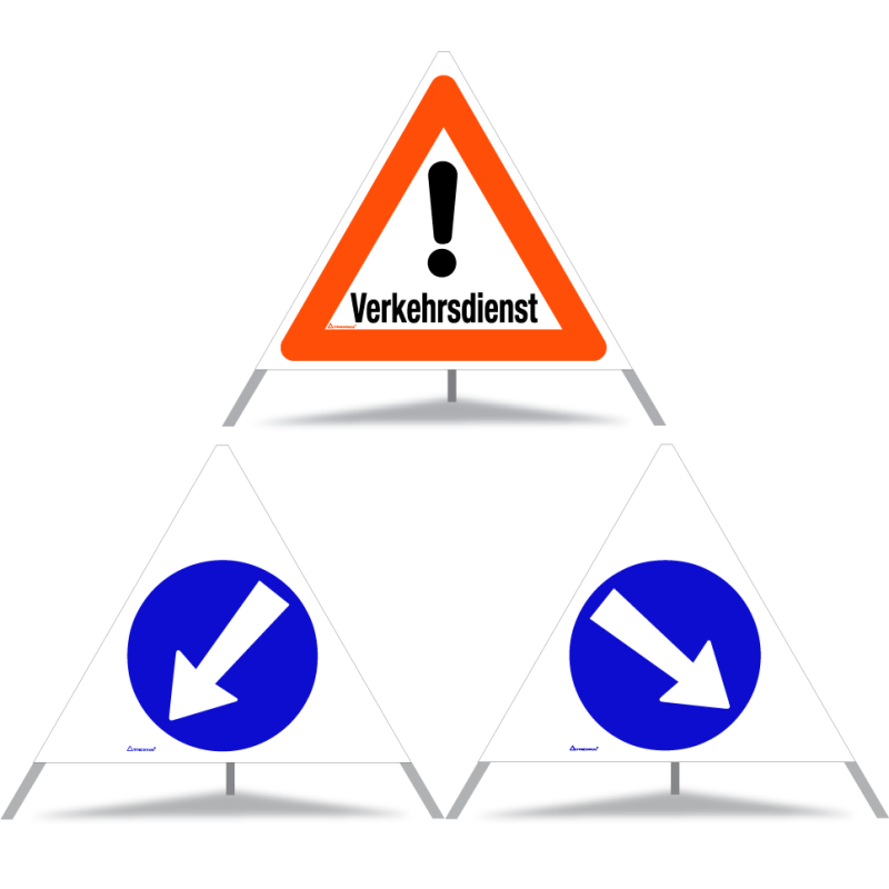 TRIOPAN Faltsignal 90 Tagesleuchtend Kombi mit Etui (Verkehrsdienst - Links umfahren - Rechts umfahren)