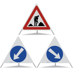 TRIOPAN Faltsignal 70 R2 Retro-reflektierend Kombi mit Etui (Baustelle - Links umfahren - Rechts umfahren)