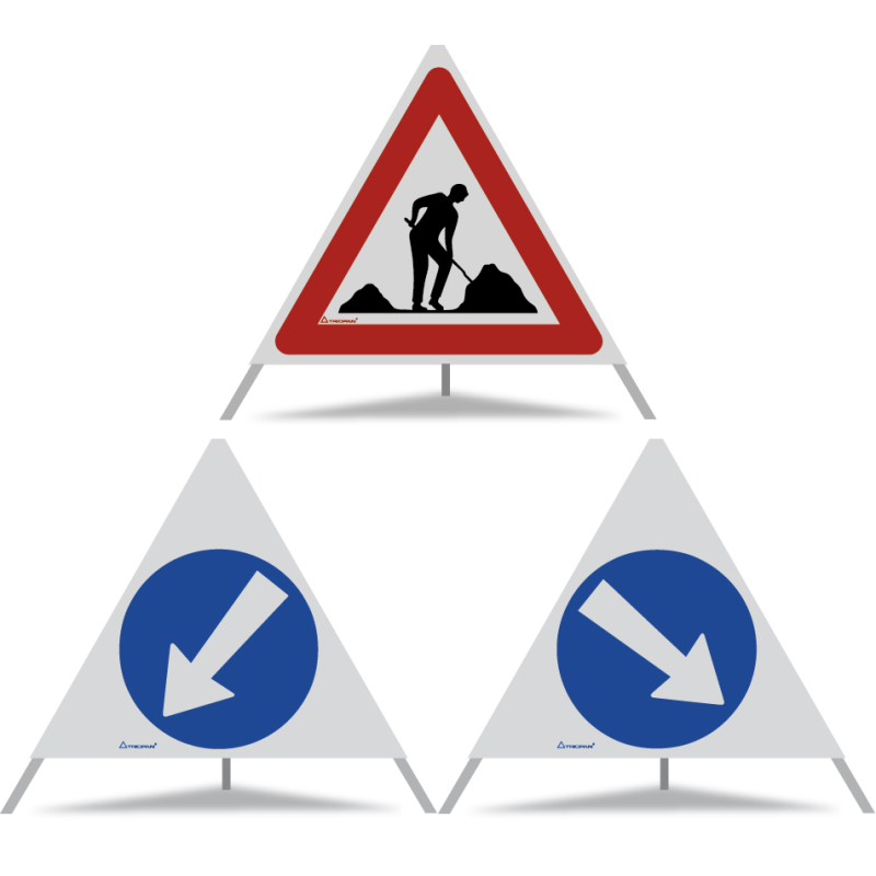 TRIOPAN Faltsignal 70 R2 Retro-reflektierend Kombi mit Etui (Baustelle - Links umfahren - Rechts umfahren)