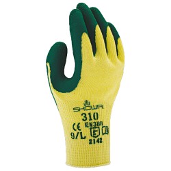 120 Paar SHOWA 310 Handschuhe aus Polyester, Baumwolle, Polyamid mit Latexbeschichtung in Gelb/Grün, CAT 2