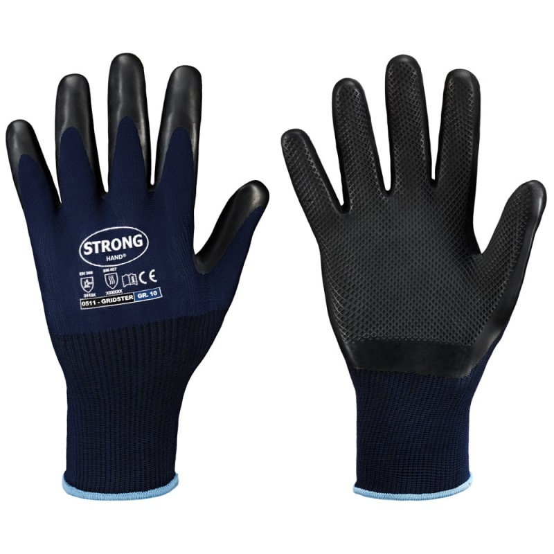 120 Paar STRONGHAND® Handschuhe aus Polyester mit Latex-Beschichtung in dunkelblau/grau, Kategorie 2