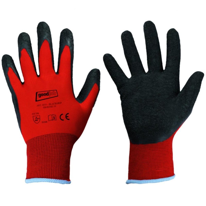 120 Paar GOODJOB® Handschuhe aus Polyester mit Schrumpflatex-Beschichtung in Rot/Schwarz, Kategorie 2
