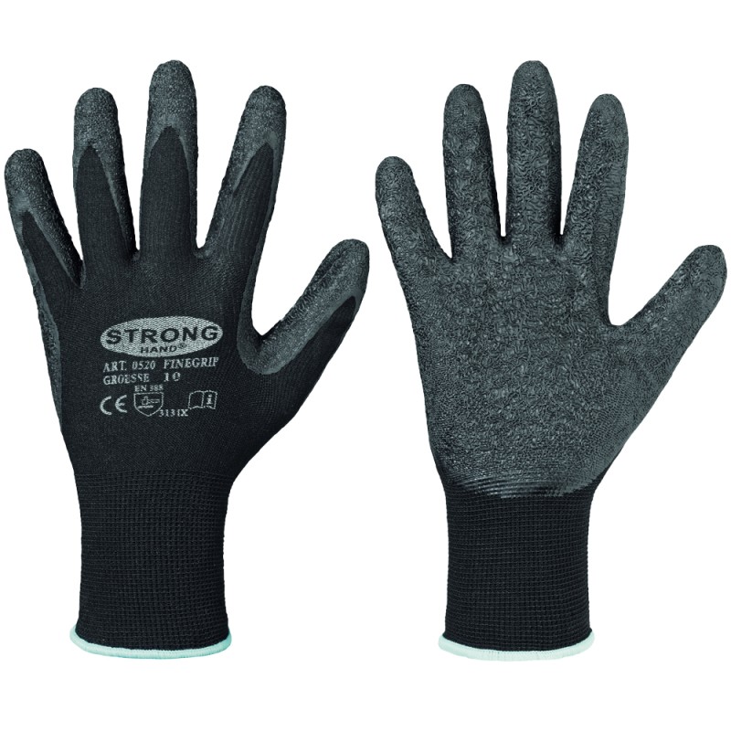 120 Paar FINEGRIP STRONGHAND® Handschuhe aus Polyamid mit Schrumpflatex-Beschichtung, schwarz, Kategorie 2