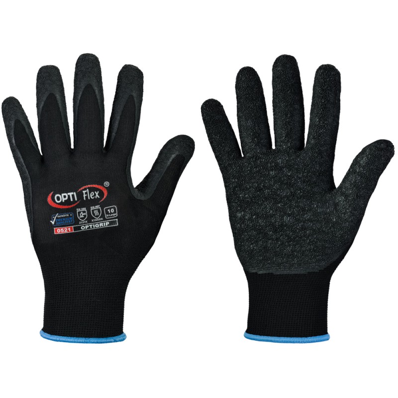120 Paar OPTIGRIP OPTIFLEX Handschuhe aus Polyamid mit Schrumpflatex-Beschichtung in Schwarz, Kategorie 2