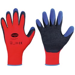 120 Paar TIP GRIP STRONGHAND Handschuhe aus Polyester mit Schrumpflatex-Beschichtung in Rot, Schwarz und Blau, Kat 2