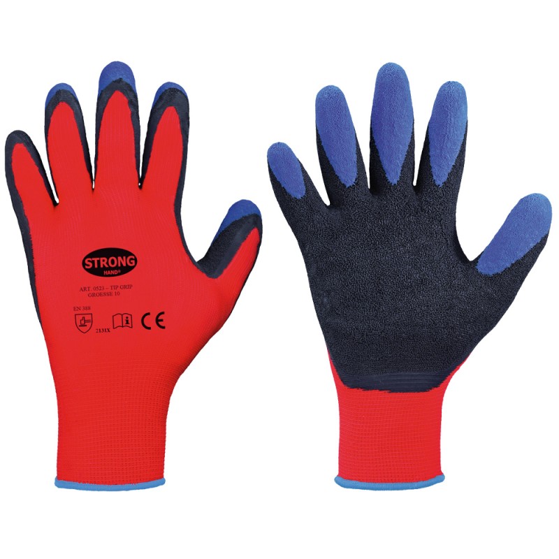 120 Paar TIP GRIP STRONGHAND Handschuhe aus Polyester mit Schrumpflatex-Beschichtung in Rot, Schwarz und Blau, Kat 2