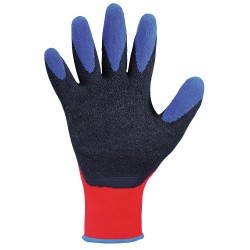 120 Paar TIP GRIP STRONGHAND Handschuhe aus Polyester mit Schrumpflatex-Beschichtung in Rot, Schwarz und Blau, Kat 2