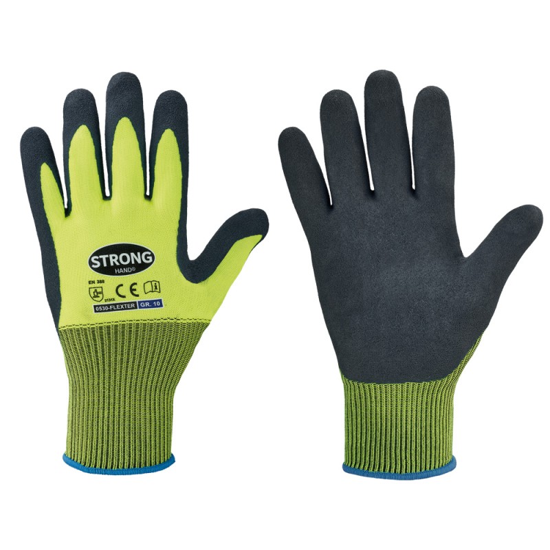 120 Paar FLEXTER STRONGHAND® Handschuhe aus Polyester mit Latex-Beschichtung in Gelb/Grau, Kategorie 2