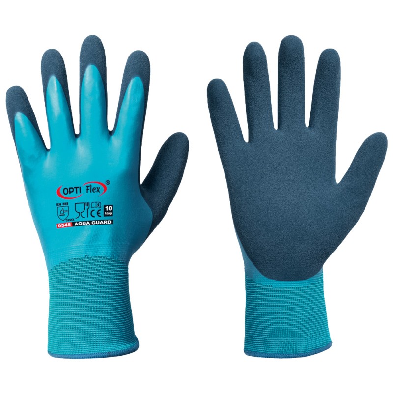 120 Paar AQUA GUARD OPTI FLEX® Handschuhe aus Polyamid und Latex in Blau und Dunkelblau, Kategorie 2