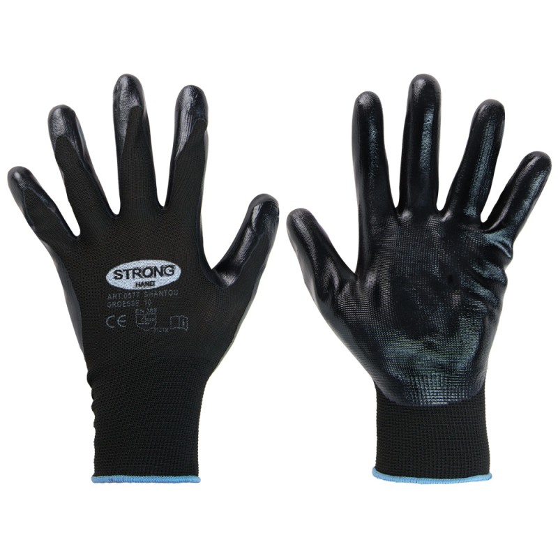 240 Paar SHANTOU STRONGHAND® Handschuhe aus Polyester/Nitril, schwarz, Kategorie 2