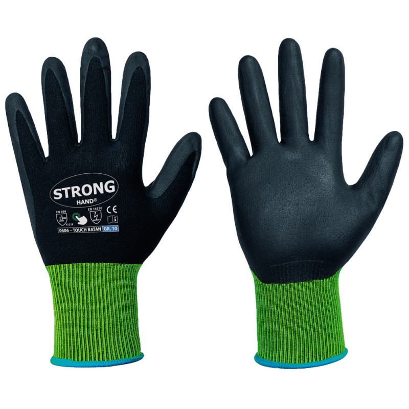 120 Paar Stronghand TOUCH BATAN Handschuhe aus Polyamid und Elasthan mit Nitrilschaum, schwarz, ESD, Kat 2