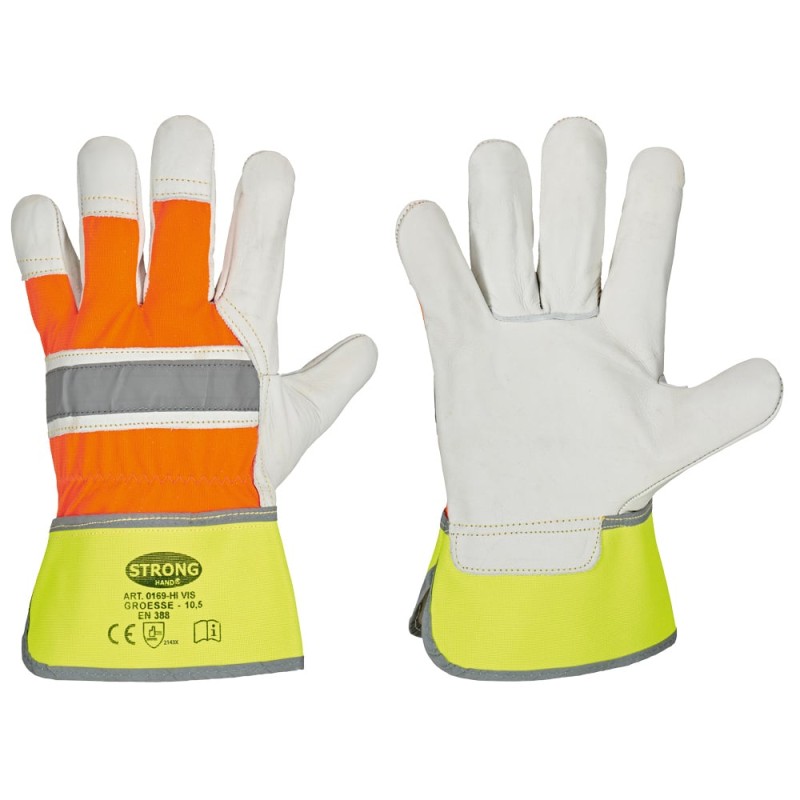 60 Paar Stronghand HI-VIS Handschuhe aus Rind-Vollleder in Natur/Orange/Gelb, CAT 2 Sicherheitsstandard