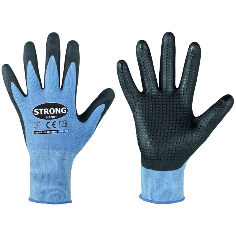 120 Paar HANTING STRONGHAND® Handschuhe aus Polyester und Elasthan mit Nitrilschaumbeschichtung in Blau/Schwarz, Kat