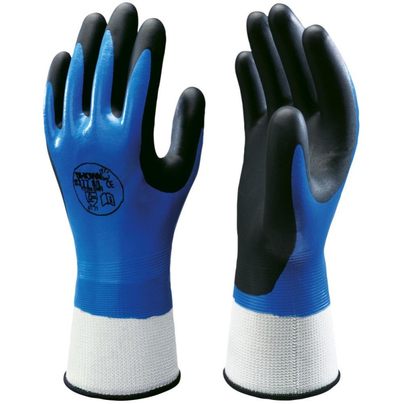 120 Paar SHOWA 377 Nitril Grip Handschuhe aus Polyester und Polyamid, blau/schwarz, Kategorie 2