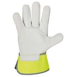 60 Paar Stronghand HI-VIS Handschuhe aus Rind-Vollleder in Natur/Orange/Gelb, CAT 2 Sicherheitsstandard