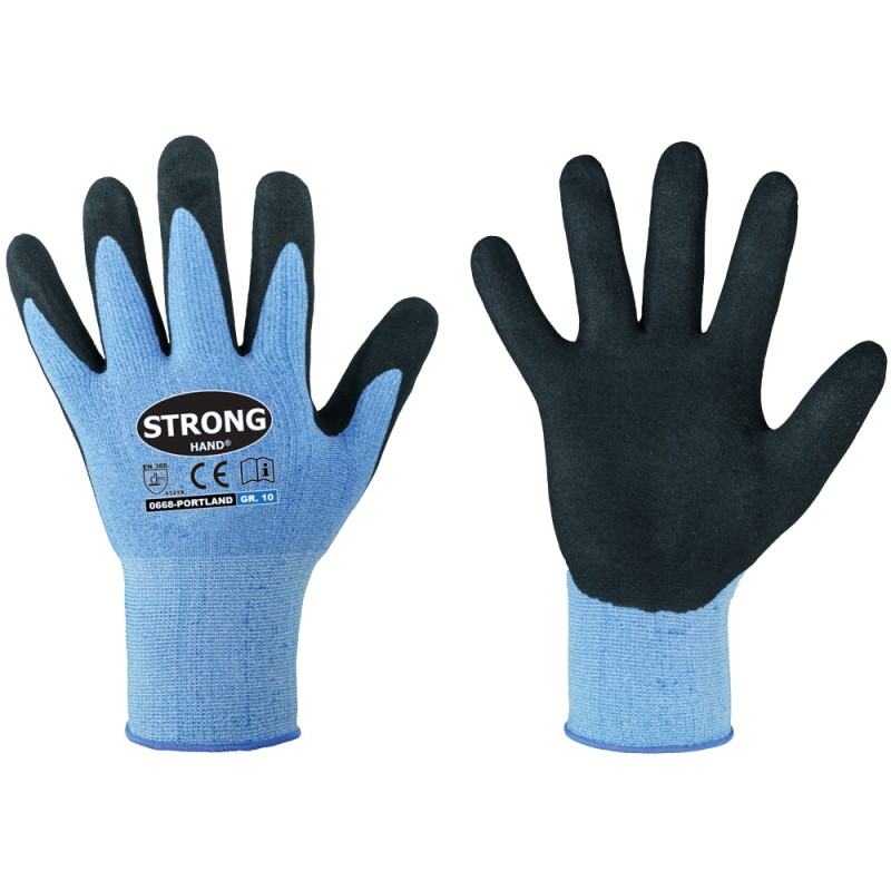 144 Paar PORTLAND STRONGHAND® Handschuhe aus Polyester und Elasthan mit Nitrilschaum, blau/schwarz, Kat 2