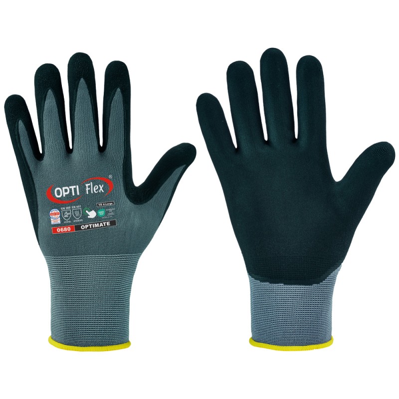 144 Paar OPTIMATE OPTI FLEX Handschuhe aus Polyamid und Elasthan mit Nitrilschaum-Beschichtung, grau/schwarz, Kat 2