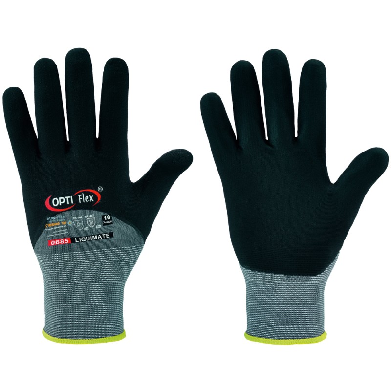 144 Paar LIQUIMATE OPTI FLEX®-Handschuhe aus Polyamid und Elasthan mit Nitrilschaumbeschichtung, grau/schwarz, Kat 2