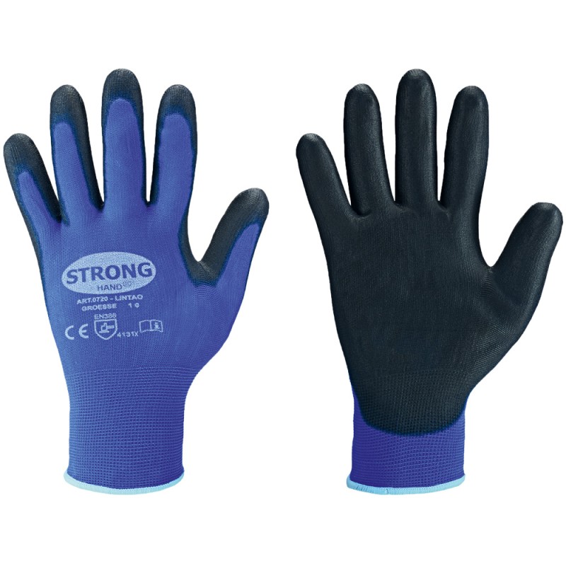240 Paar LINTAO STRONGHAND® Handschuhe aus Polyamid (Nylon) mit PU-Beschichtung, blau/schwarz, Kategorie 2