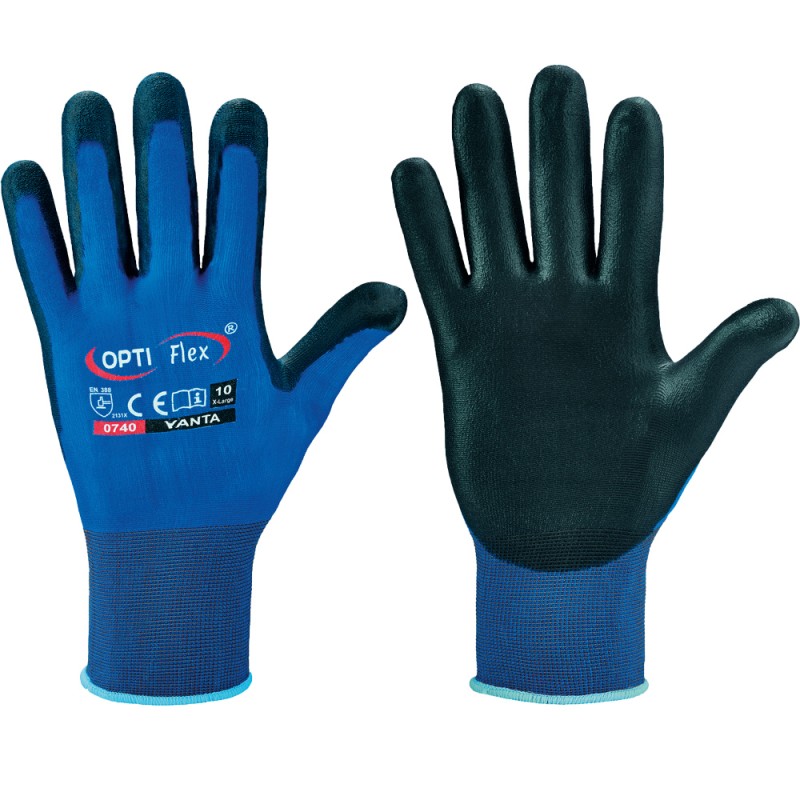 120 Paar YANTA OPTI FLEX® Handschuhe aus Polyamid (Nylon) mit PU-Beschichtung, dunkelblau/schwarz, Kat 2