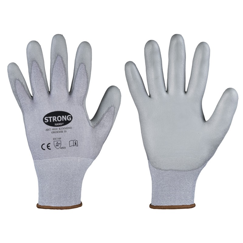 60 Paar KUNMING STRONGHAND® Handschuhe mit Schnittschutz Level B, 18 g, PU-Beschichtung, grau, Kat 2