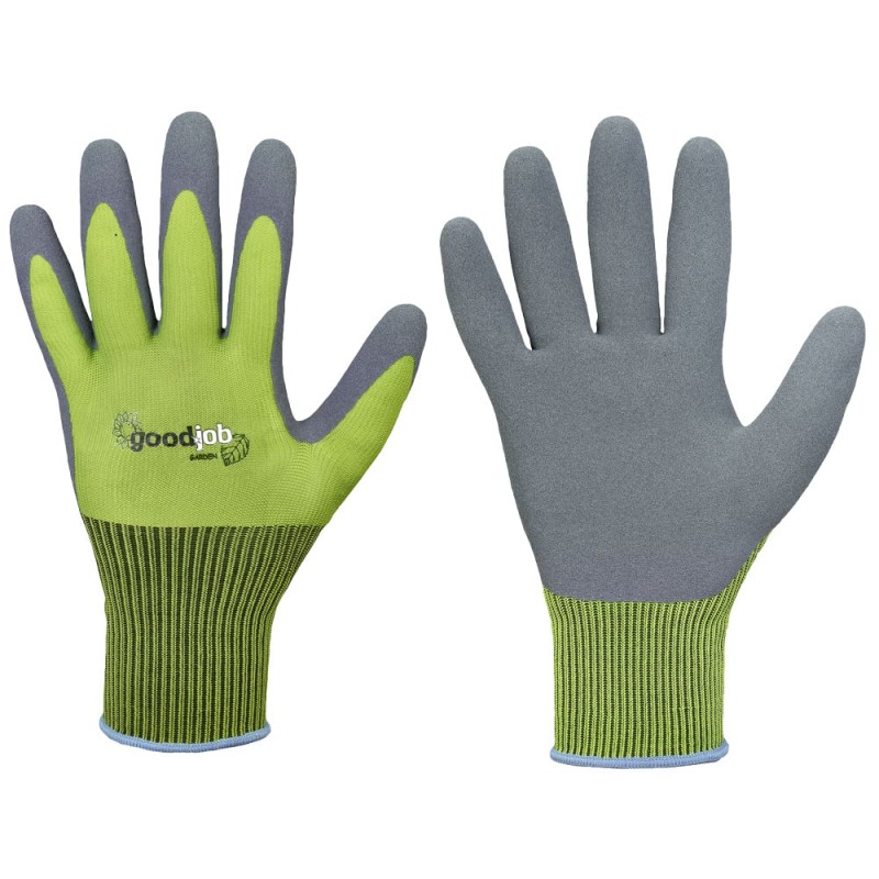 120 Paar Gardenflex Goodjob Handschuhe aus Polyester mit Latexbeschichtung in Grün/Grau, Kategorie 1