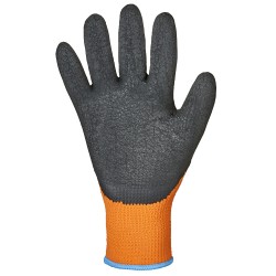 120 Paar GOODJOB® ECO Winterhandschuhe aus Polyester mit Schrumpf-Latex in Orange/Schwarz, Kategorie 2