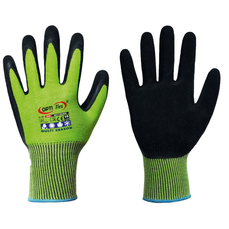 120 Paar Multi Season Opti Flex Handschuhe aus Polyester, Baumwolle und Elastan, grün-schwarz, Kategorie 2