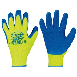 60 Paar HARRER STRONGHAND® Handschuhe aus Polyester mit Latexbeschichtung in Gelb und Blau, Kat 2