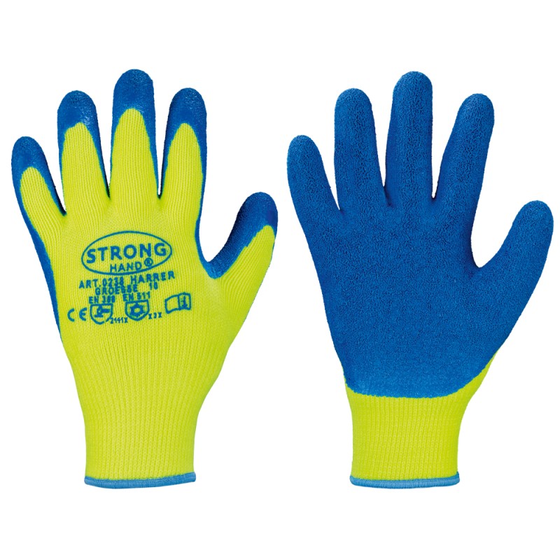 60 Paar HARRER STRONGHAND® Handschuhe aus Polyester mit Latexbeschichtung in Gelb und Blau, Kat 2