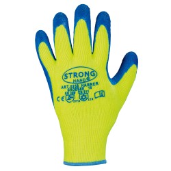 60 Paar HARRER STRONGHAND® Handschuhe aus Polyester mit Latexbeschichtung in Gelb und Blau, Kat 2