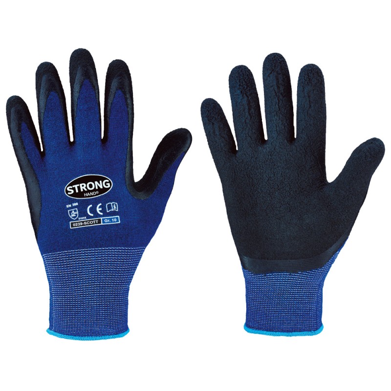 120 Paar Scott Stronghand Handschuhe aus Baumwolle und Elastan mit Latexbeschichtung in Blau/Schwarz, Kat 2